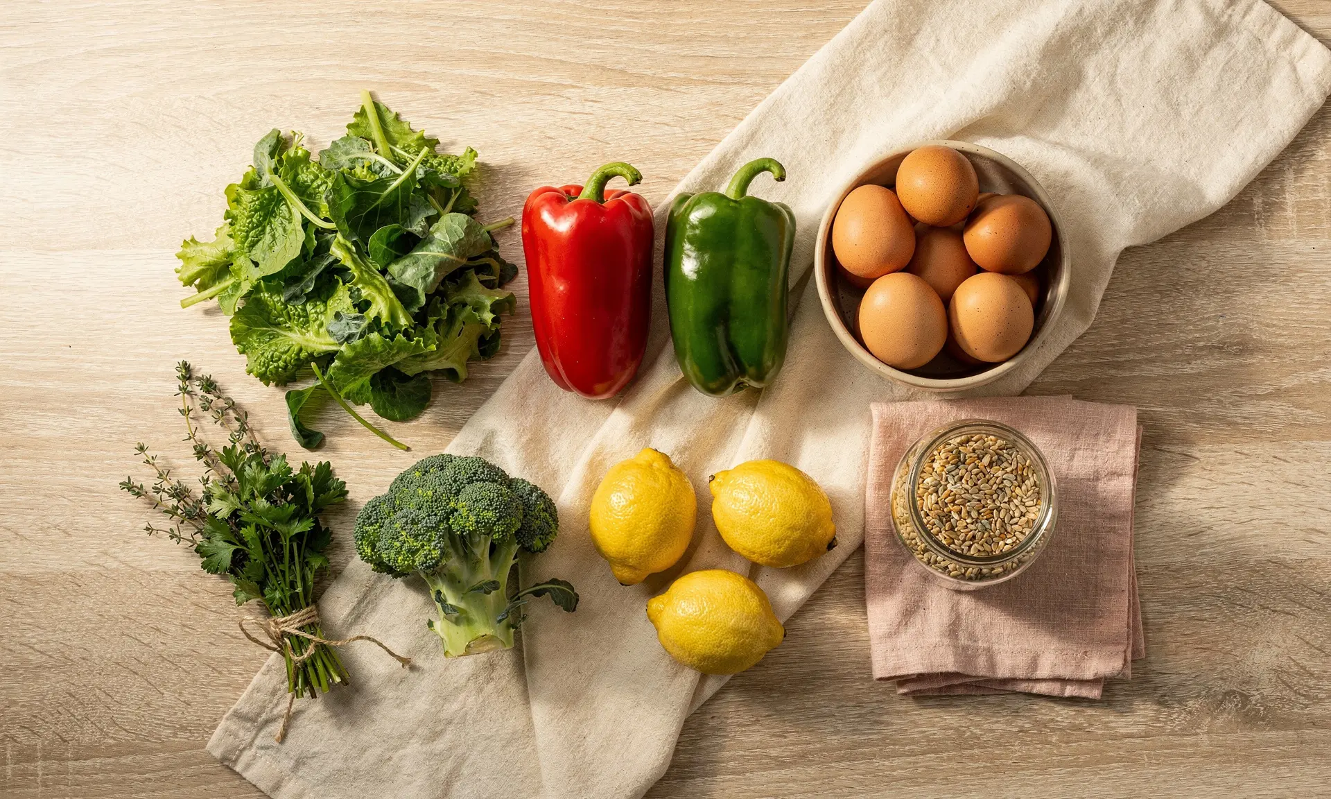 Fresh whole ingredients laid out on a wooden table