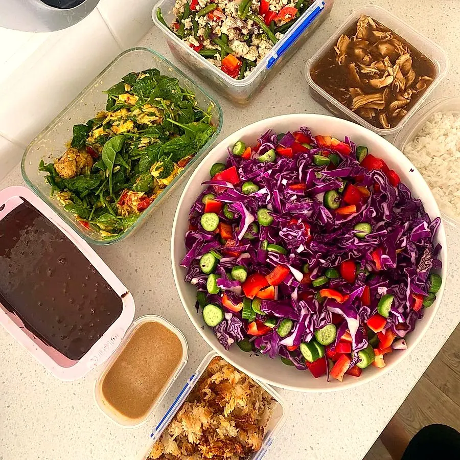Fresh salads and homemade treats prepped for the week
